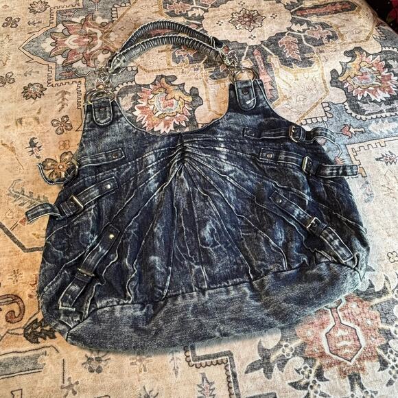 Y2k Rocker Acid Wash Large Tote Purse Punk Biker Early 2000s Affliction Style - Picture 2 of 9